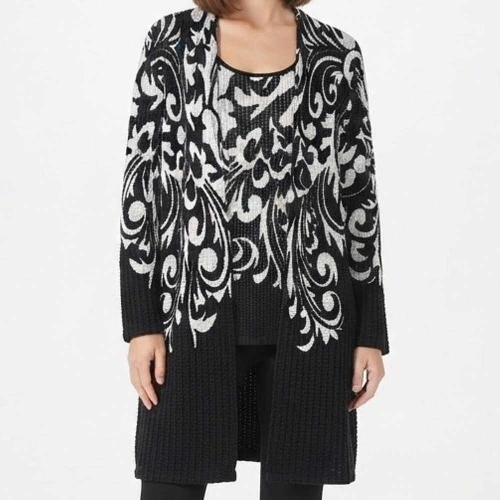 Chicos Travelers Cardigan Tank Set Womens 2 Large Black & White Scroll Damask